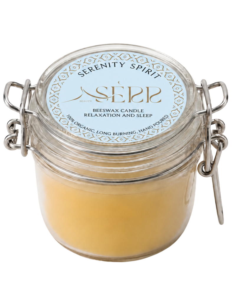 Serenity Spirit beeswax candle 125g in labeled glass jar by SerrBeauty