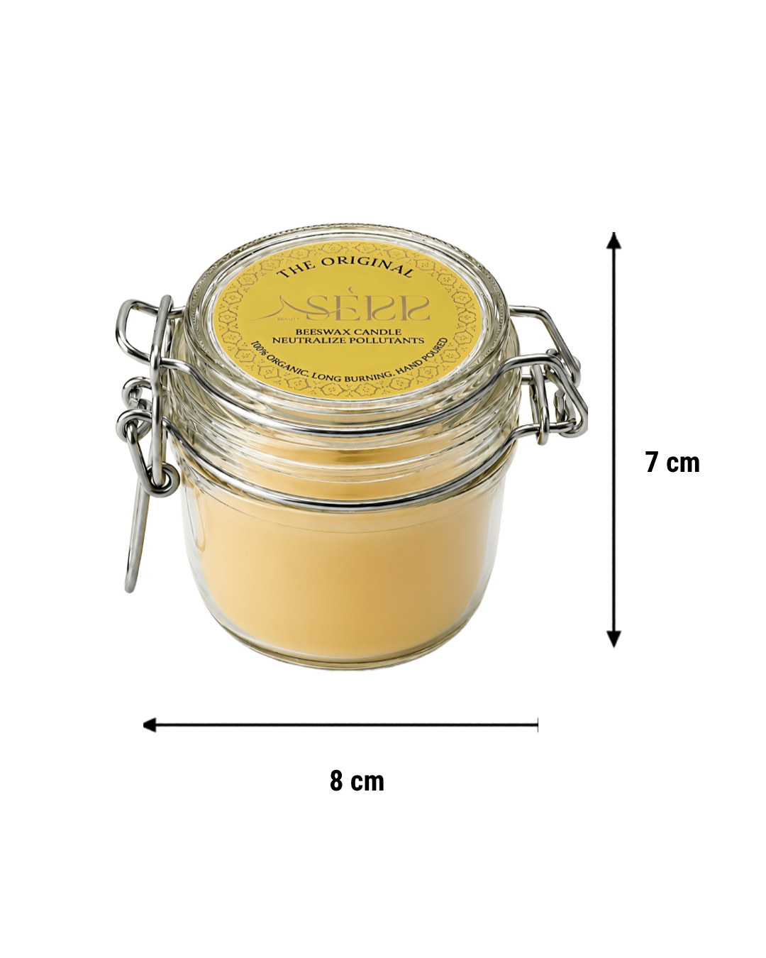 Unlit natural beeswax candle in a clear glass jar with a metal clasp, yellow label with black text, handmade, long burning, and wooden wick