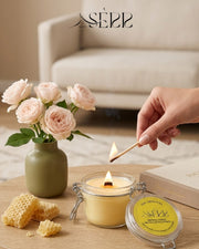SerrBeauty The Original beeswax candle 125g burning in a glass jar with natural decor