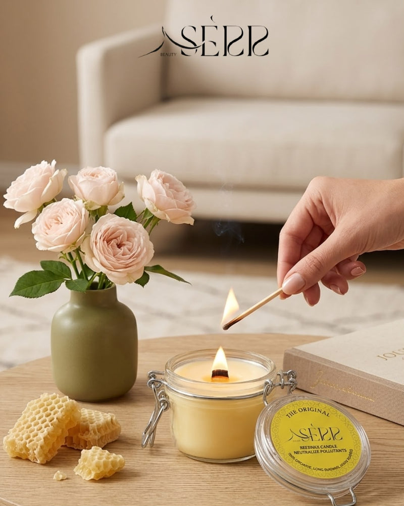 Beeswax candle in a glass jar with a yellow label, placed on a wooden table next to a vase of pink roses, creating a cozy atmosphere.