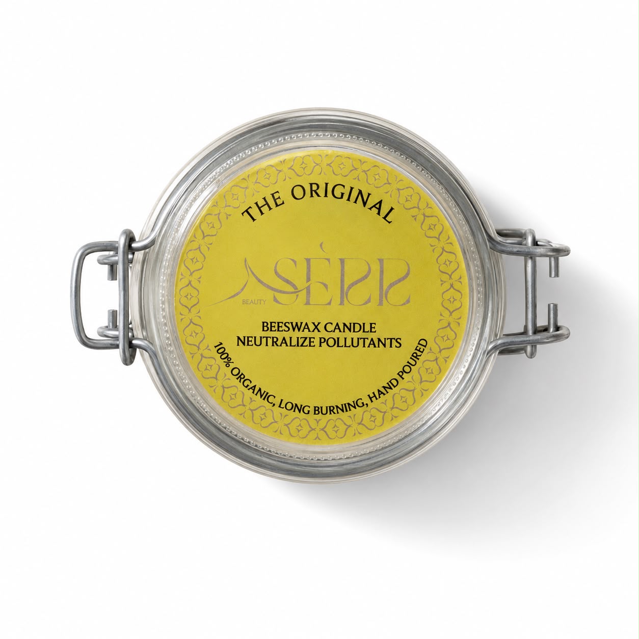 Glass jar with metal clasp lid containing natural beeswax candle with wooden wick, yellow label with black text, decorative border, SKU: 001