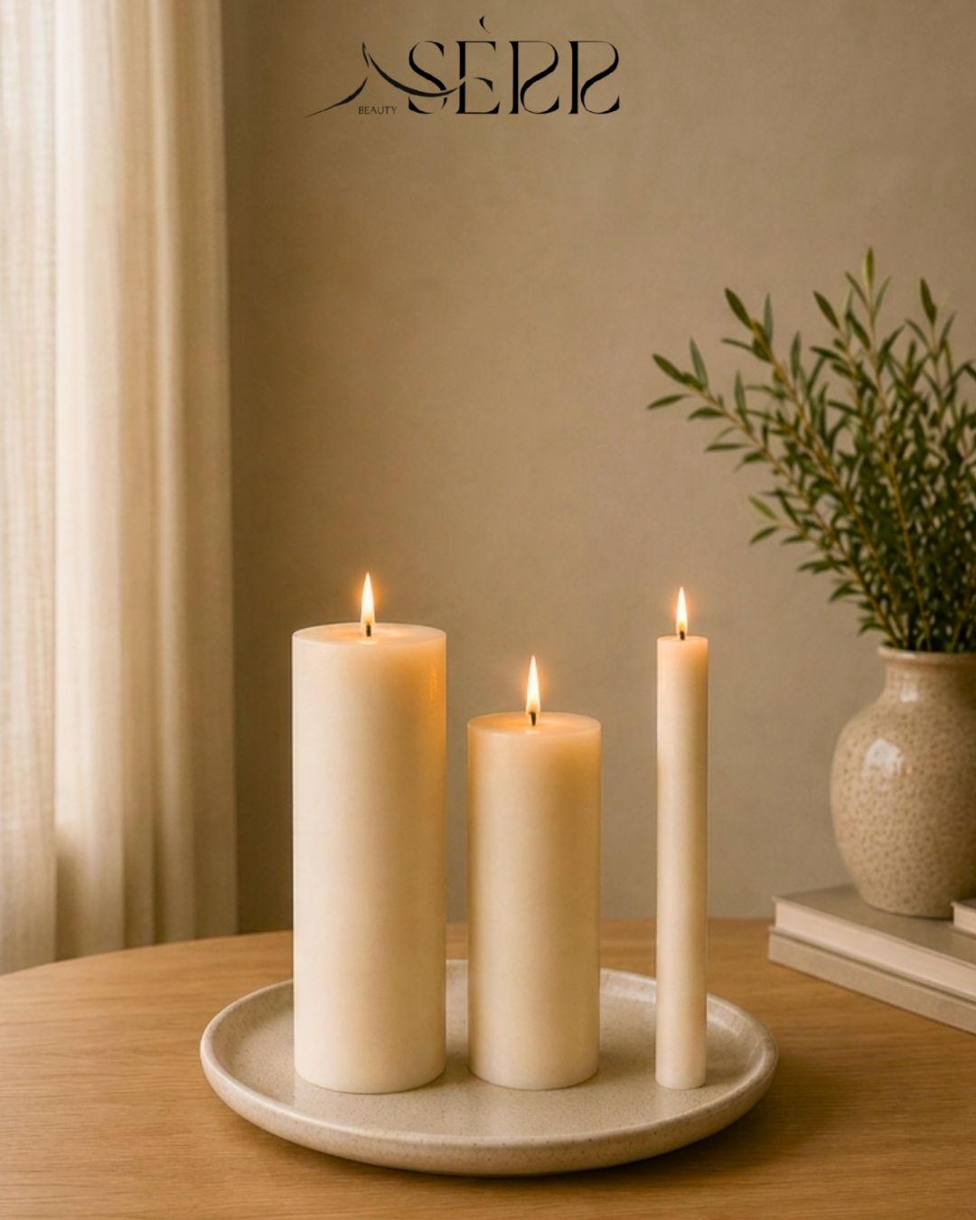 Three everyday unscented rapeseed wax pillar candles styled for warm home decor