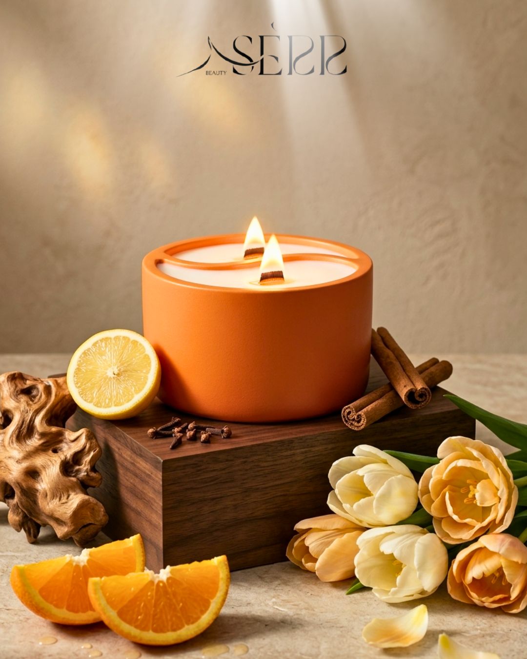 Orange concrete candle with wood wicks, surrounded by orange, flowers and spices, cozy home ambiance