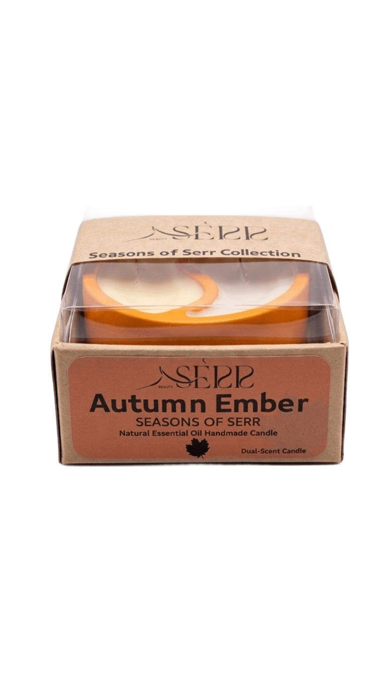 Seasons of Serr candle packaging with dual-scent candle inside