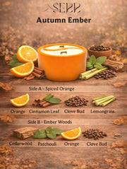 Autumn Ember candle packaging with summer scene, dual scents, essential oils, natural candle