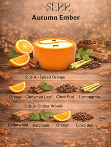 Autumn Ember candle packaging with summer scene, dual scents, essential oils, natural candle