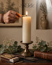 SerrBeauty everyday rapeseed wax pillar candle 125g styled with warm home decor
