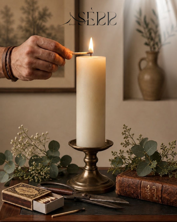 SerrBeauty everyday rapeseed wax pillar candle 125g styled with warm home decor