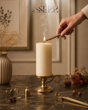 SerrBeauty everyday rapeseed wax pillar candle 200g styled with warm home decor