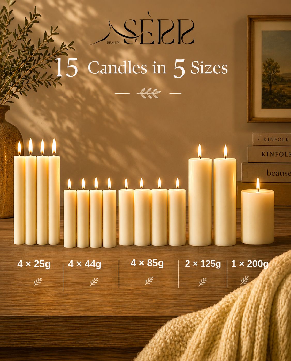 SerrBeauty pillar candle set with 15 unscented rapeseed wax candles in 5 sizes