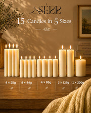 SerrBeauty pillar candle set with 15 unscented rapeseed wax candles in 5 sizes