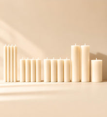 Everyday pillar candle set with 15 natural rapeseed wax candles arranged by size