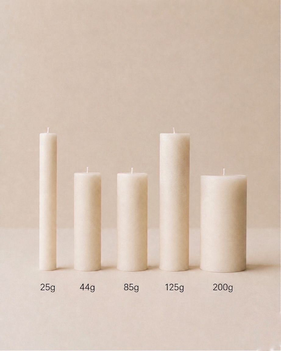 SerrBeauty everyday pillar candles in five sizes 25g 44g 85g 125g and 200g