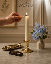 SerrBeauty everyday pillar candle styled on a table for warm home decor