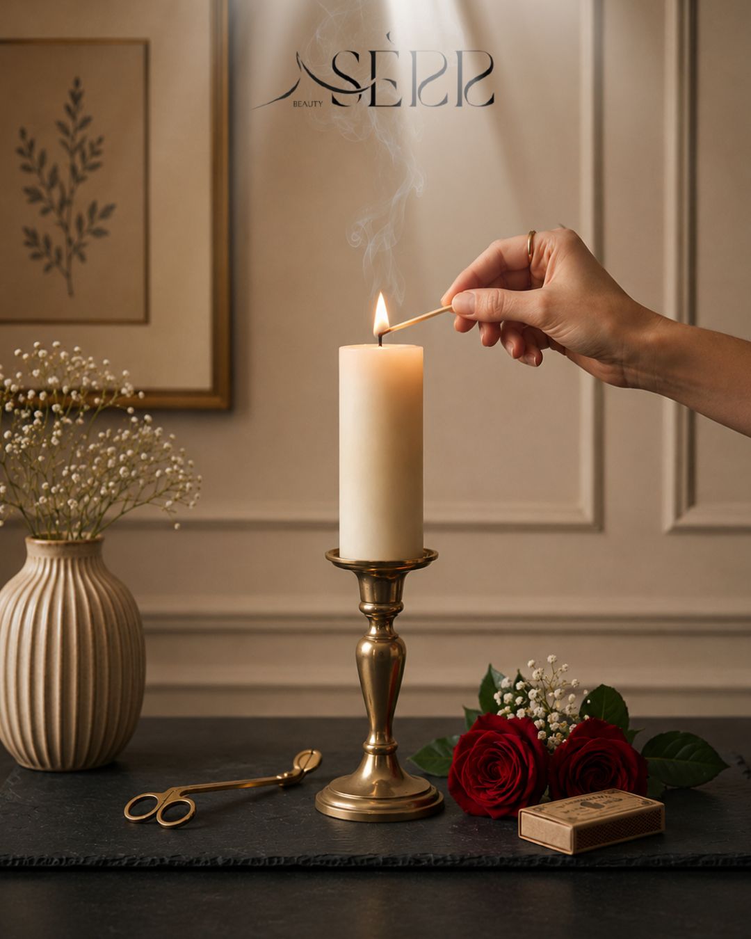 SerrBeauty everyday rapeseed wax pillar candle 44g styled with warm home decor