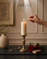 SerrBeauty everyday rapeseed wax pillar candle 44g styled with warm home decor