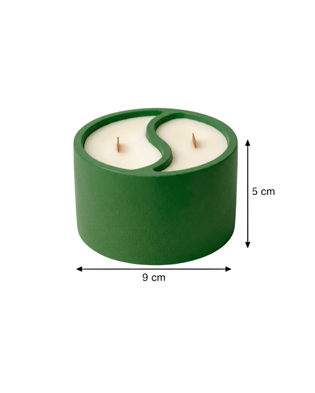 Green ceramic soy wax candle with dual wicks, 5cm tall, 9cm diameter, home decor