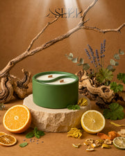 Handmade dual-scent natural candle with essential oils, concrete vessel, crackling wood wicks, home & garden decor