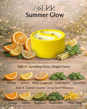Summer Glow candle packaging with summer scene, dual scents, essential oils, natural candle