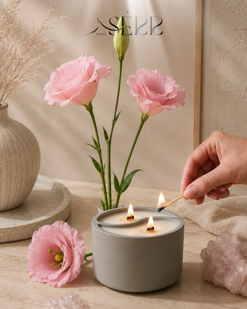 Gray concrete candle with wood wicks, surrounded by pink flowers, cozy home ambiance