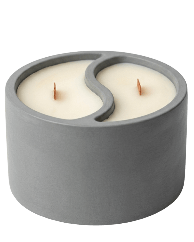 Gray concrete vessel with dual-scent candles and wood wicks