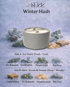 Winter Hush candle packaging with winter scene, dual scents, essential oils, natural candle