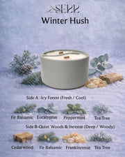 Winter Hush candle packaging with winter scene, dual scents, essential oils, natural candle